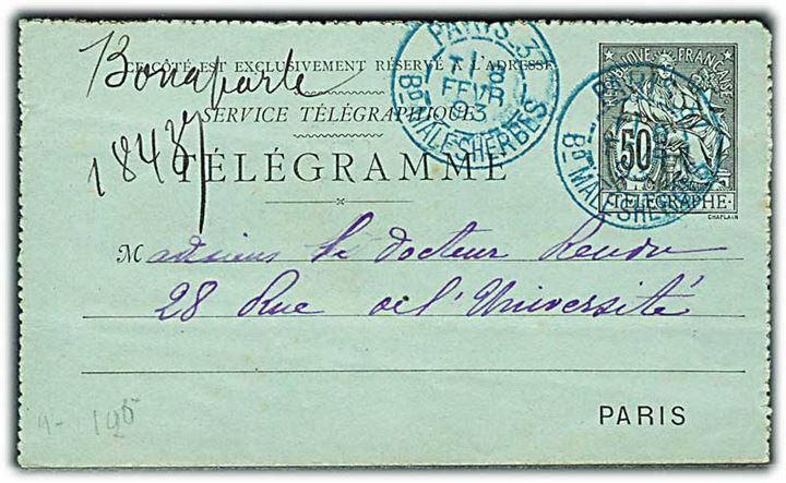 50 c. rørpost helsags korrespondancekort i Paris d. 8.2.1893.