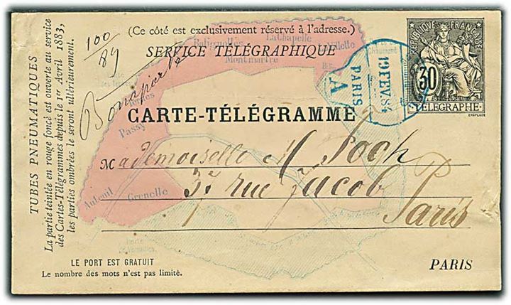30 c. rørpost helsagsbrevkort i Paris d. 19.2.1884.