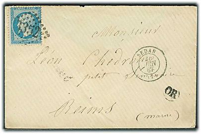 20 c. Napoleon III på brev annulleret med nr.stempel 1352 og sidestemplet Sedan d. 22.6.1867 til Reims. Lille cirkelstempel OR.