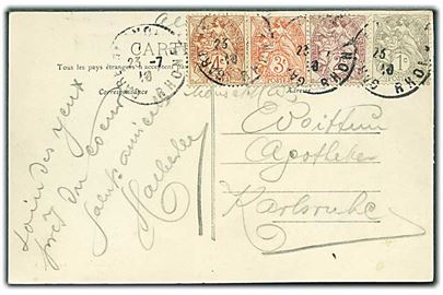 1 c., 2 c. 3 c. og 4 c. på 4-farve frankeret brevkort fra Lyon d. 23.7.1910 til Karlsruhe, Tyskland.