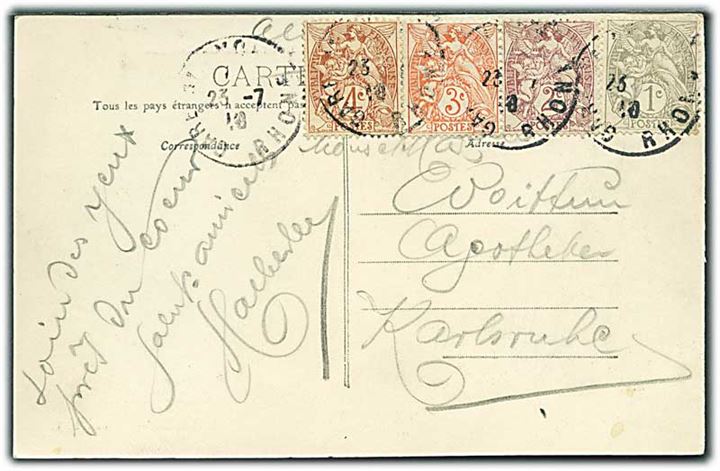 1 c., 2 c. 3 c. og 4 c. på 4-farve frankeret brevkort fra Lyon d. 23.7.1910 til Karlsruhe, Tyskland.