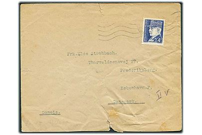 4 fr. Petain single på brev fra Marseille 1943 til København, Danmark. Fra sømand ombord på S/S Grete. Åbnet af tysk censur i Frankfurt. Rifter.