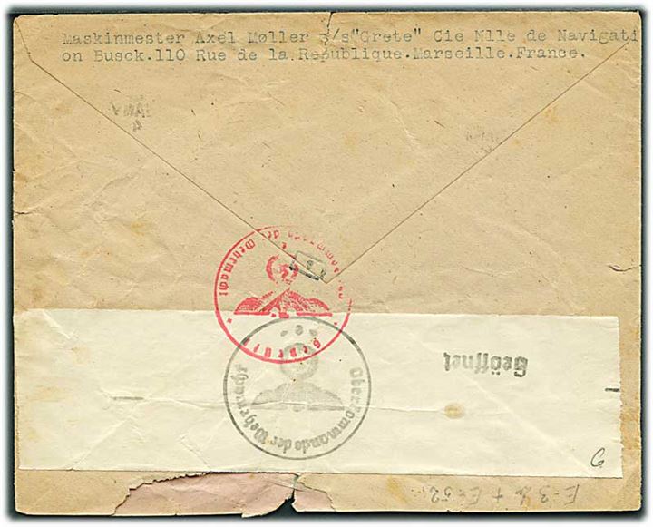 4 fr. Petain single på brev fra Marseille 1943 til København, Danmark. Fra sømand ombord på S/S Grete. Åbnet af tysk censur i Frankfurt. Rifter.