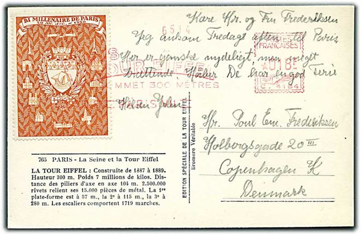 18 fr. frankostempel og Byjubilæum mærkat på brevkort fra Eiffeltårnet i Paris 1950 til København, Danmark.