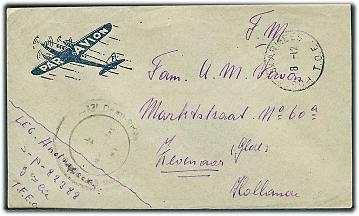 Ufrankeret luft-feltpostbrev stemplet Poste aux Armees T.O.E. d. 18.12.(ca. 1950) til Zevenaar, Holland. Fra hollandsk fremmedlegionær i 13. Demi-Brigade Legion Etranger med feltpost nr. SP 82388.