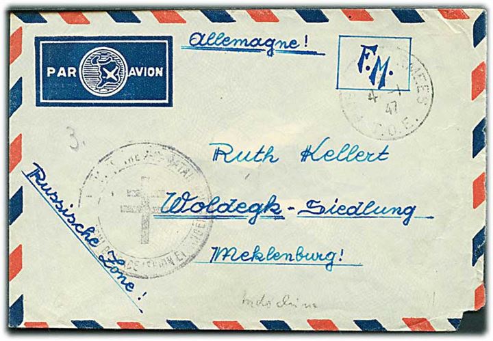 Ufrankeret feltpostbrev stemplet Poste aux Armees T.O.E. d. 4.1.1947 til Woldegk, Tyskland. Fra tysk fremmedlegionær i Indocina med feltpost SP 82006 BPM 418-A. Svagt afdelingsstempel fra Legion Etranger.
