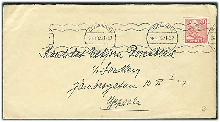 20 öre Gustaf på brev fra Stockholm d. 26.8.1943 til Uppsala. På bagsiden mærkat Hjälp Nordens Barn.