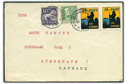 5 öre P.H.Ling og 10 öre Løve, samt På Post för Sverige mærkat i parstykke på brev fra Helsingborg d. 16.3.1940 til København, Danmark.
