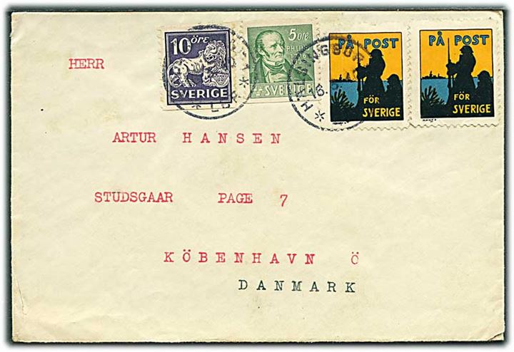 5 öre P.H.Ling og 10 öre Løve, samt På Post för Sverige mærkat i parstykke på brev fra Helsingborg d. 16.3.1940 til København, Danmark.