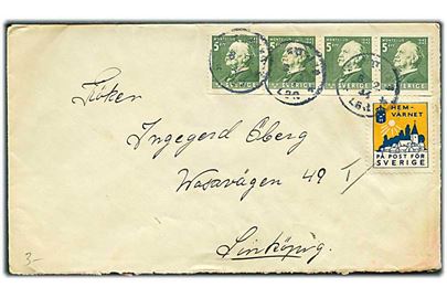 5 öre Montelius i 4-stribe og Hemvärnet - På post för Sverige mærkat på brev med svagt stempel d. 8.12.1944 til Linköping.