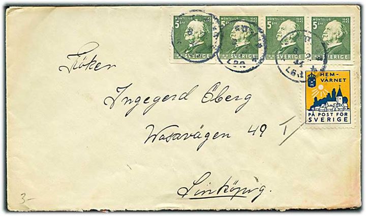5 öre Montelius i 4-stribe og Hemvärnet - På post för Sverige mærkat på brev med svagt stempel d. 8.12.1944 til Linköping.