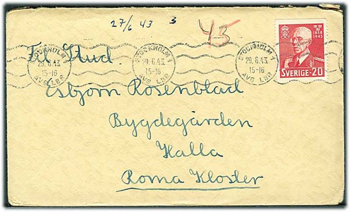 20 øre Gustaf 85 år på brev fra Stockholm d. 29.6.1943 til Roma Kloster. På bagsiden Svenska Blå Stjärnan mærkat (3)