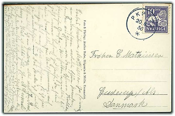 10 öre Løve på brevkort fra Kullen annulleret med bureaustempel PKP 122 d. 20.8.1936 til Guderup på Als, Danmark. Benyttet på ruten (Mölle) - Höganäs - Åstorp.