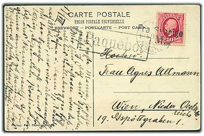 10 öre Oscar på brevkort fra Malmö annulleret med skibsstempel Fra Sverige M. og sidestemplet Paquebot og Kjøbenhavn d. 17.7.1908 til Wien, Østrig.