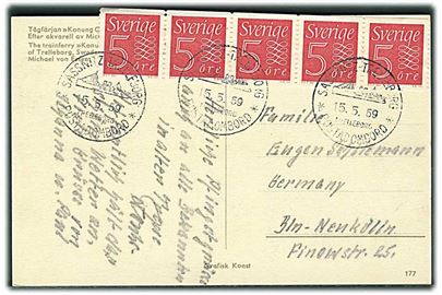 5 öre i 5-stribe på brevkort annulleret med skibsstempel Sassnitz - Trelleborg * Trelleborg * Postad ombord * d. 15.5.1959 til Berlin, Tyskland.
