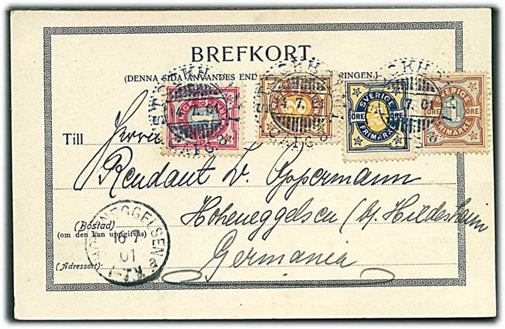 1 öre, 2 öre, 3 öre og 4 öre Ciffer på 4-farve frankeret brevkort fra Stockholm d. 14.7.1901 til Hohenggeksen, Tyskland.