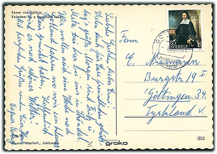 85 öre Stiernhielm på brevkort annulleret med tysk stempel Göttingen /Nachträglich entwertet d. x.6.1972 til Göttingen, Tyskland.