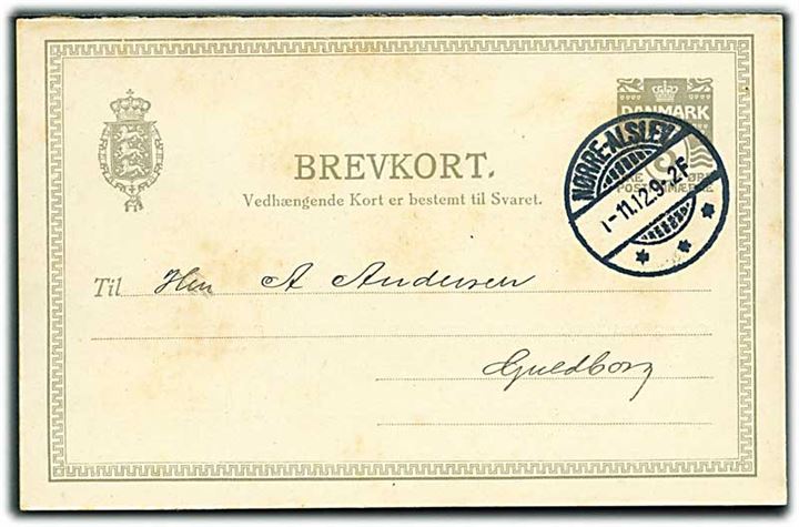 3 øre dobbelt helsagsbrevkort sendt lokalt fra Nørre-Alslev d. 1.11.1911 til Guldborg. Vedhængende ubenyttet svardel.