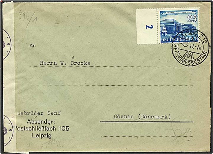 25 pfennig blå på brev fra Leipzig, Tyskland, d. 4.3.1941 til Odense. Tysk censur.