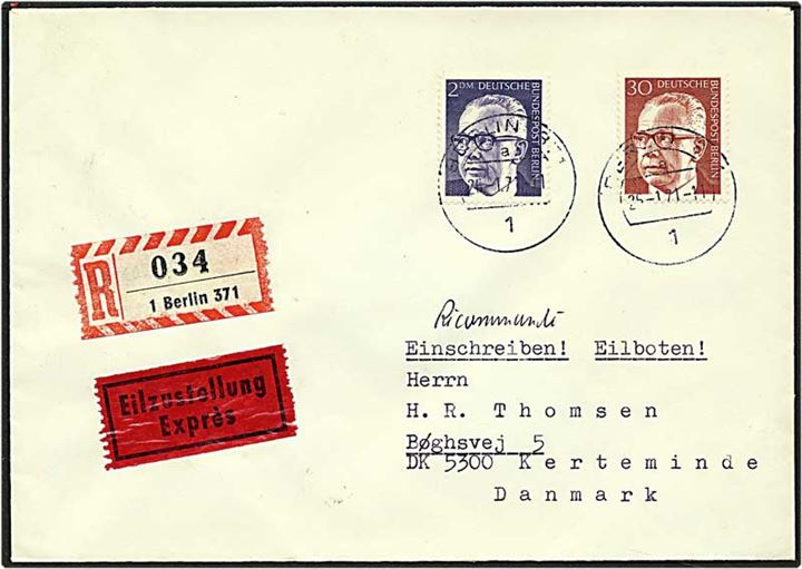 2,30 mark på Rec. expres brev fra Berlin, Tyskland, d. 26.1.1971 til Kerteminde.