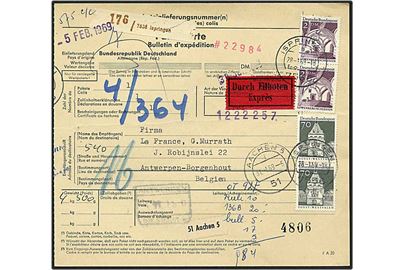 5,40 mark på expres adressekort fra Ispingen, Tyskland, d. 31.1.1969 til Antwerpen, Belgien.