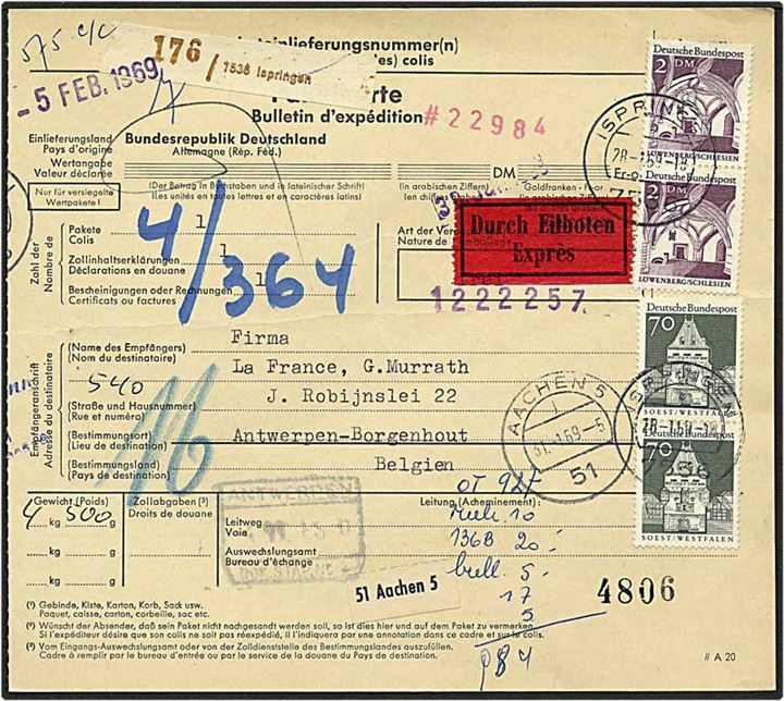 5,40 mark på expres adressekort fra Ispingen, Tyskland, d. 31.1.1969 til Antwerpen, Belgien.