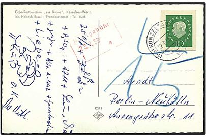 10 pfennig grøn helsagsafklip på postkort fra Kürtzelsau, Tyskland, d. 22.9.1959 til Berlin.