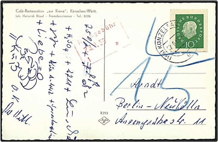 10 pfennig grøn helsagsafklip på postkort fra Kürtzelsau, Tyskland, d. 22.9.1959 til Berlin.