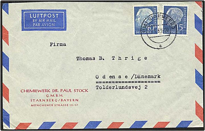 55 pfennig på luftpostbrev fra Starnberg, Tyskland, d. 7.1.1959 til Odense.