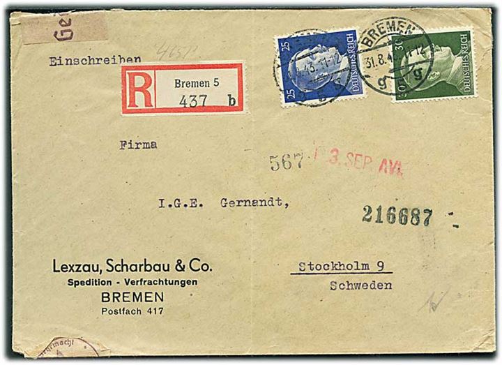 25 pfg. og 30 pfg. Hitler på anbefalet brev fra Bremen d. 31.8.1943 til Stockholm, Sverige. Åbnet af tysk censur i Berlin.