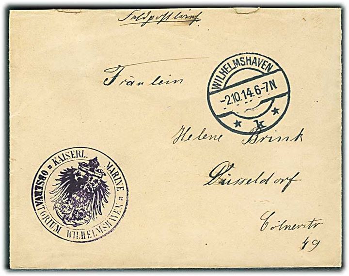 Ufrankeret feltpostbrev fra Wilhelsmhaven d. 2.10.1914 til Düsseldorf. Briefstempel fra Kaiserl. Marine * Obersvatorium Wilhelmshaven *. Bagklap mgl. 
