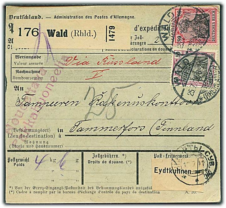 10 pfg., 50 pfg. og 80 pfg. Germania på for- og bagside af internationalt adressekort for pakke fra Wald d. 25.7.1912 til Tammerfors, Finland. Påskrevet via Rusland