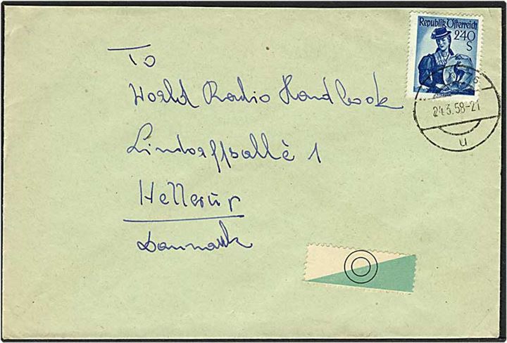 2,40 shilling på brev fra Wien, Østrig, d. 24.3.1958 til Hellerup.