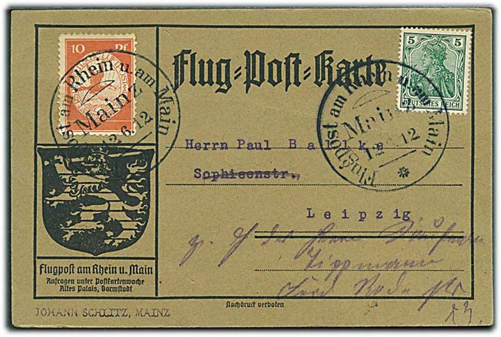 5 pfg. Germania og 10 pfg. Flugpost am Rhein u. Main på Flug-Post-Karte stemplet Mainz d. 12.6.1912 til Leipzig. 