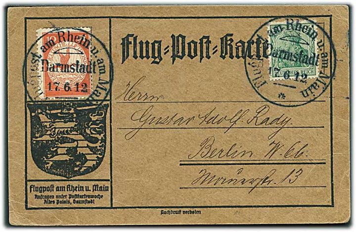 5 pfg. Germania og 10 pfg. Flugpost am Rhein u. Main på Flug-Post-Karte stemplet Darmstadt d. 17.6.1912 til Berlin.