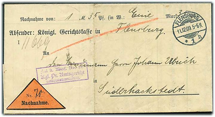 Ufrankeret tjenestebrev med opkrævning fra Flensburg d. 11.12.1909 til Süderhackstedt. På bagsiden ank.stemplet Janneby (Schleswig) d. 12.12.1909.