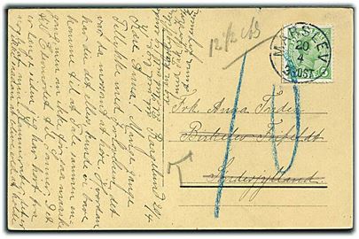 5 øre Chr. X single på underfrankeret brevkort annulleret med lapidar Marslev d. 20.4.191x til Frifeldt, Sønderjylland. Udtakseret i 10 pfg. tysk porto.