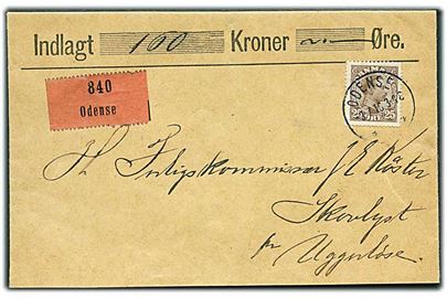 25 øre Chr. X single på værdibrev fra Odense d. 3.7.1916 til Skovlyst pr. Uggerløse.