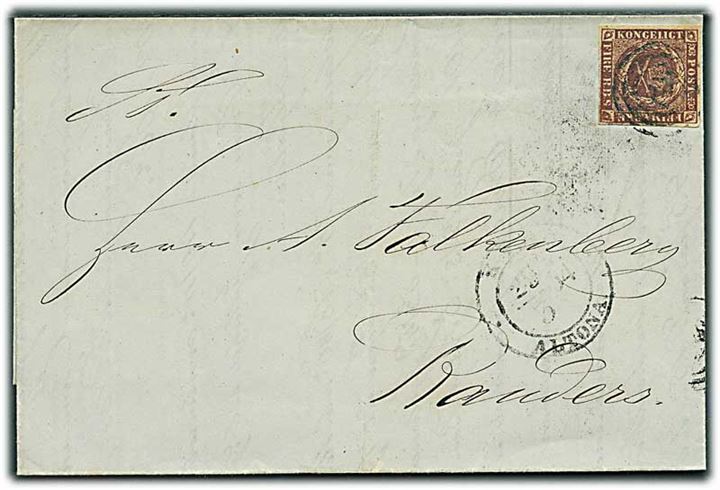 4 R.B.S. fuld rand på brev annulleret med svagt nr.stempel 113(?) og sidestemplet K.D.P.A. Altona d. 29.3.1854 til Randers. 
