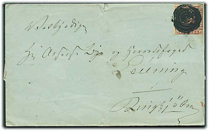 4 R.B.S. Thiele I på brev annulleret med kraftigt stumt stempel og på bagsiden 1½-ringsstempel Varde d. 11.10.1852 til Ringkjøbing. 