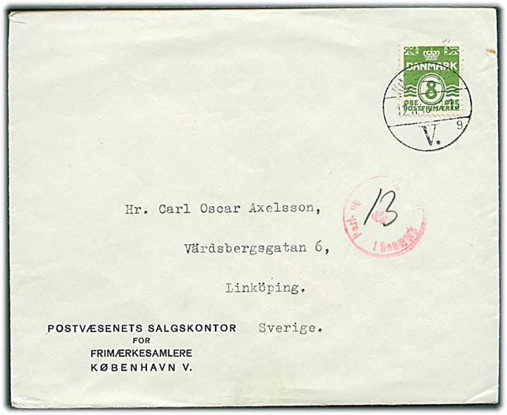 8 øre Bølgelinie på tryksag fra København d. 12.11.1943 til Linköping, Sverige. Dansk censur.