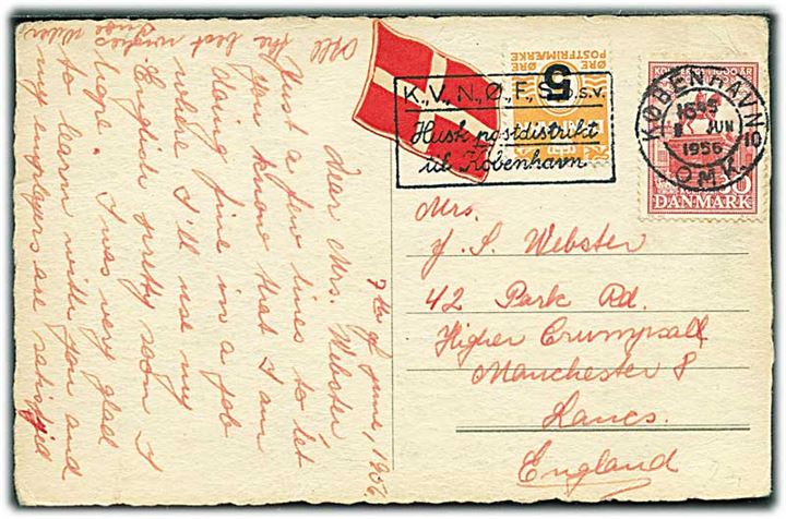 5/6 øre Provisorium og 30 øre 1000 års udg., samt Dannebrog mærkat på brevkort fra København d. 7.6.1956 til England.