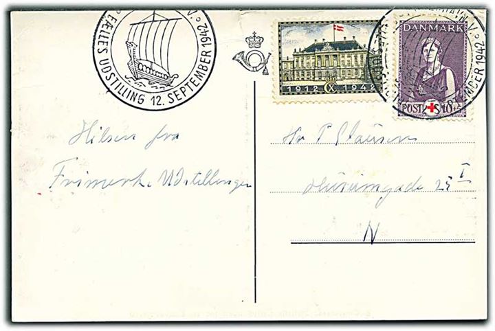 10+5 øre Røde Kors og Chr. X Regentjubilæum mærkat på brevkort annulleret med udstillingsstempel i København d. 12.9.1942.