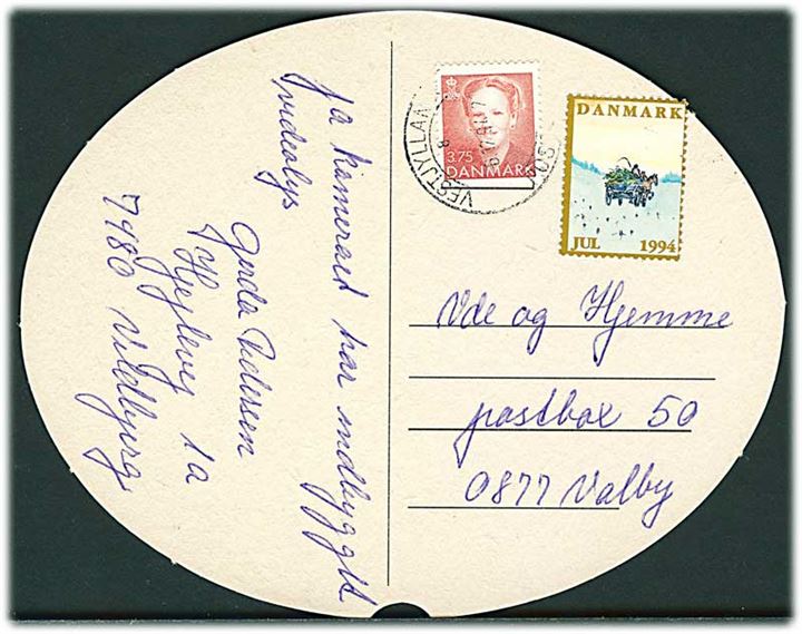 3,75 kr. Margrethe og Julemærke 1994 på Ølbrik anvendt som brevkort fra Vestbjerg stemplet Vestjyllands Postcenter d. 6.12.1994 til Valby.