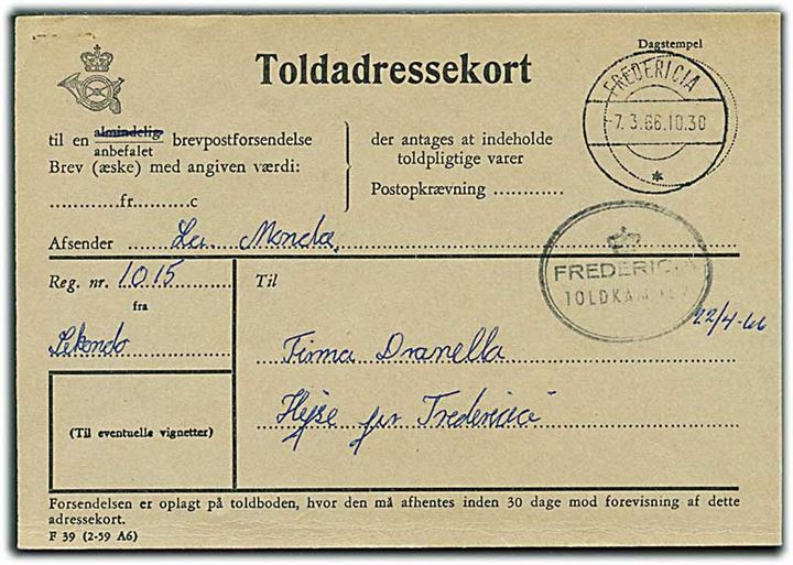 Toldadressekort formular F39 (2-59 A6) for anbefalet brev fra Lekondo stemplet Fredericia d. 7.3.1966 til Hejse pr. Fredericia.