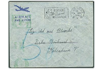 Ufrankeret luftpostkuvert fra Horsens d. 9.11.1950 til København. Udtakseret i porto med 50 øre grønt Porto-maskinstempel. Retur med stempel: Modtagelse nægtet.
