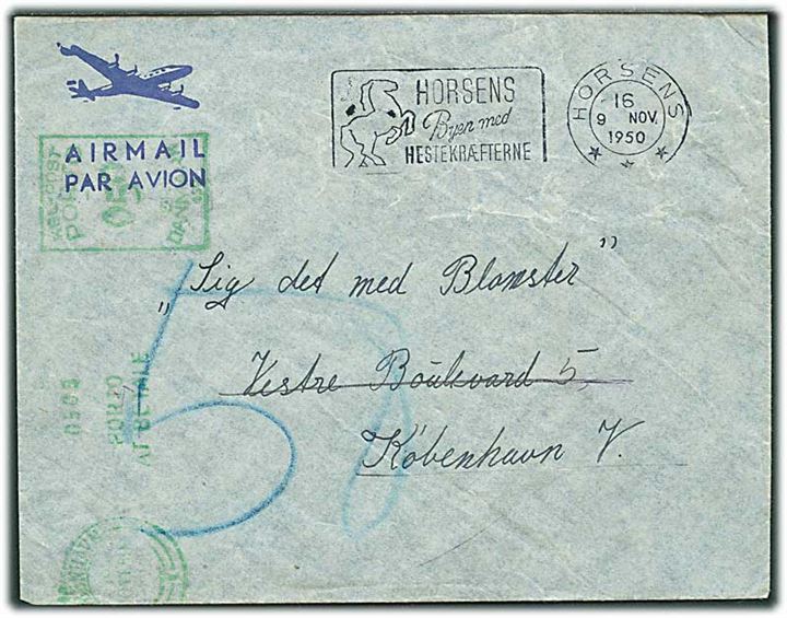 Ufrankeret luftpostkuvert fra Horsens d. 9.11.1950 til København. Udtakseret i porto med 50 øre grønt Porto-maskinstempel. Retur med stempel: Modtagelse nægtet.