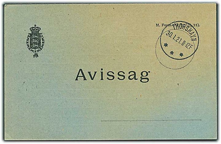 Avissag med brotype IIIb Thorshavn d. 30.1.1921. På bagsiden liniestempel: Thorshavn.