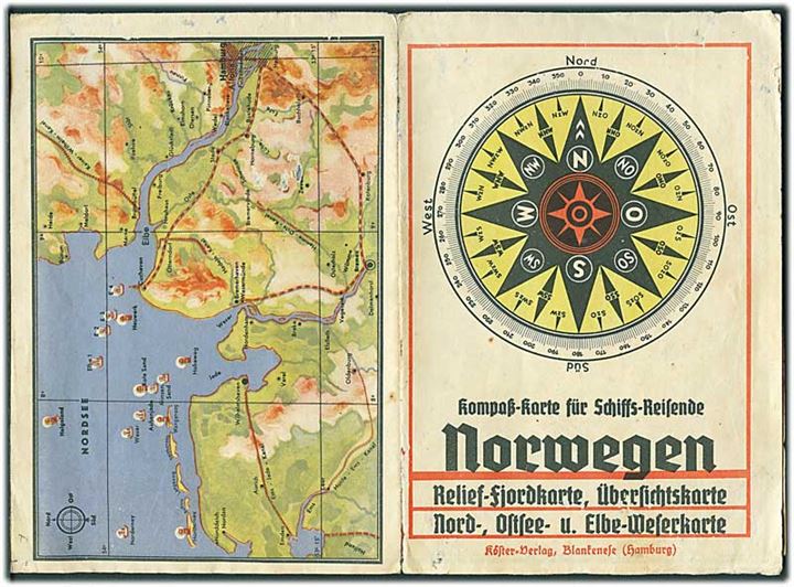 Reliefkort for skibsrejsende med kort over Norge, Danmark og Elbe/Weser området. Ca. 1930'erne.