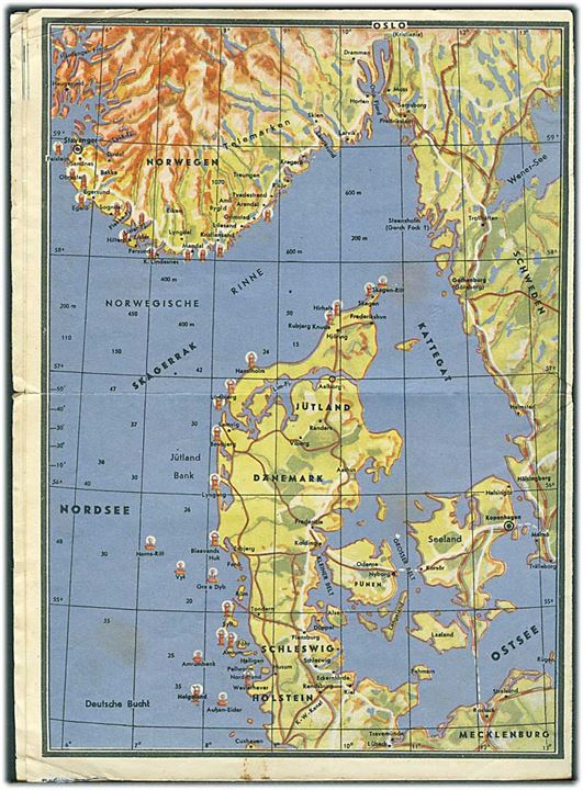 Reliefkort for skibsrejsende med kort over Norge, Danmark og Elbe/Weser området. Ca. 1930'erne.